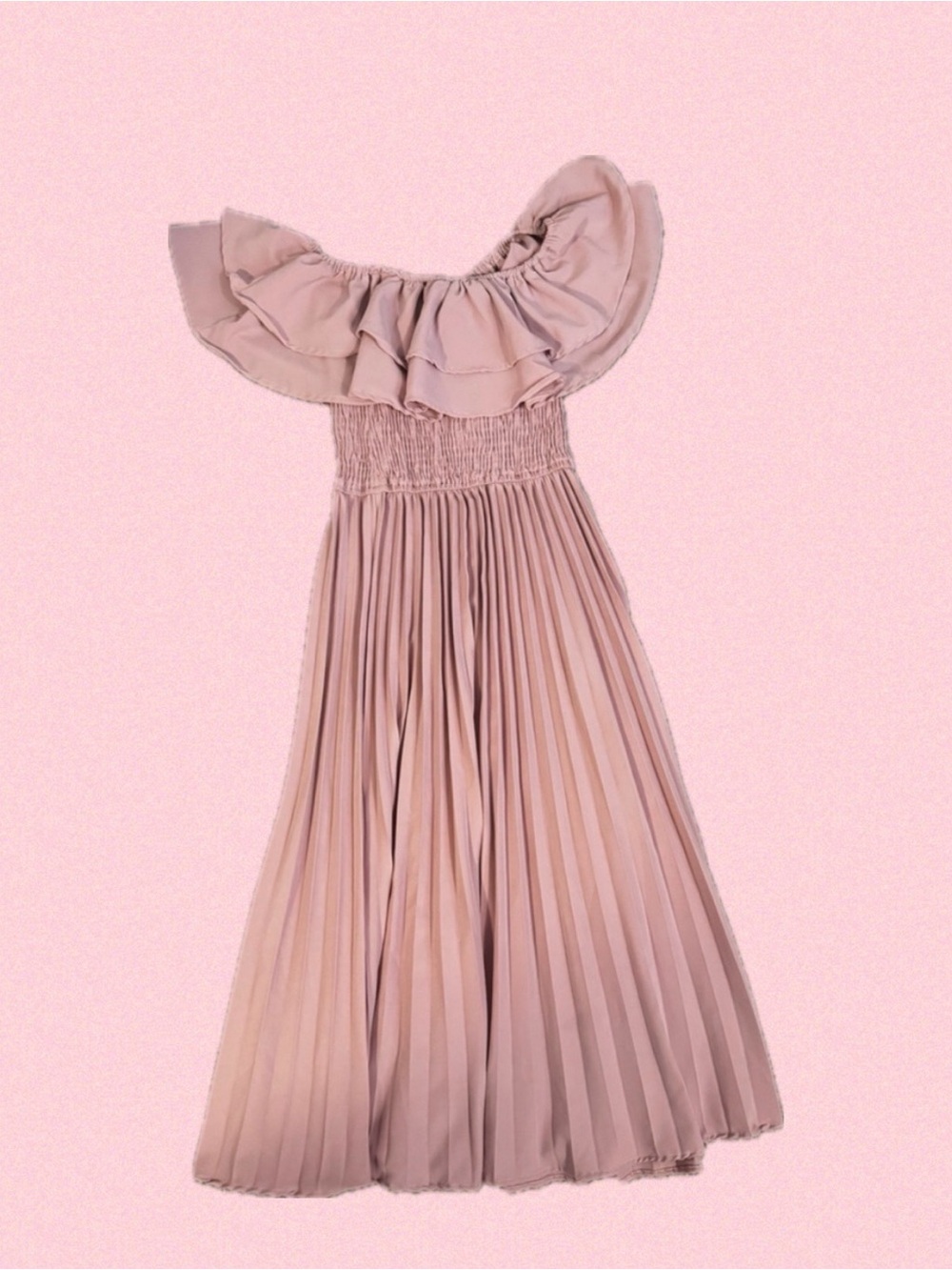 Off-Shoulder Pleated Midi Dress in Dusty Pink